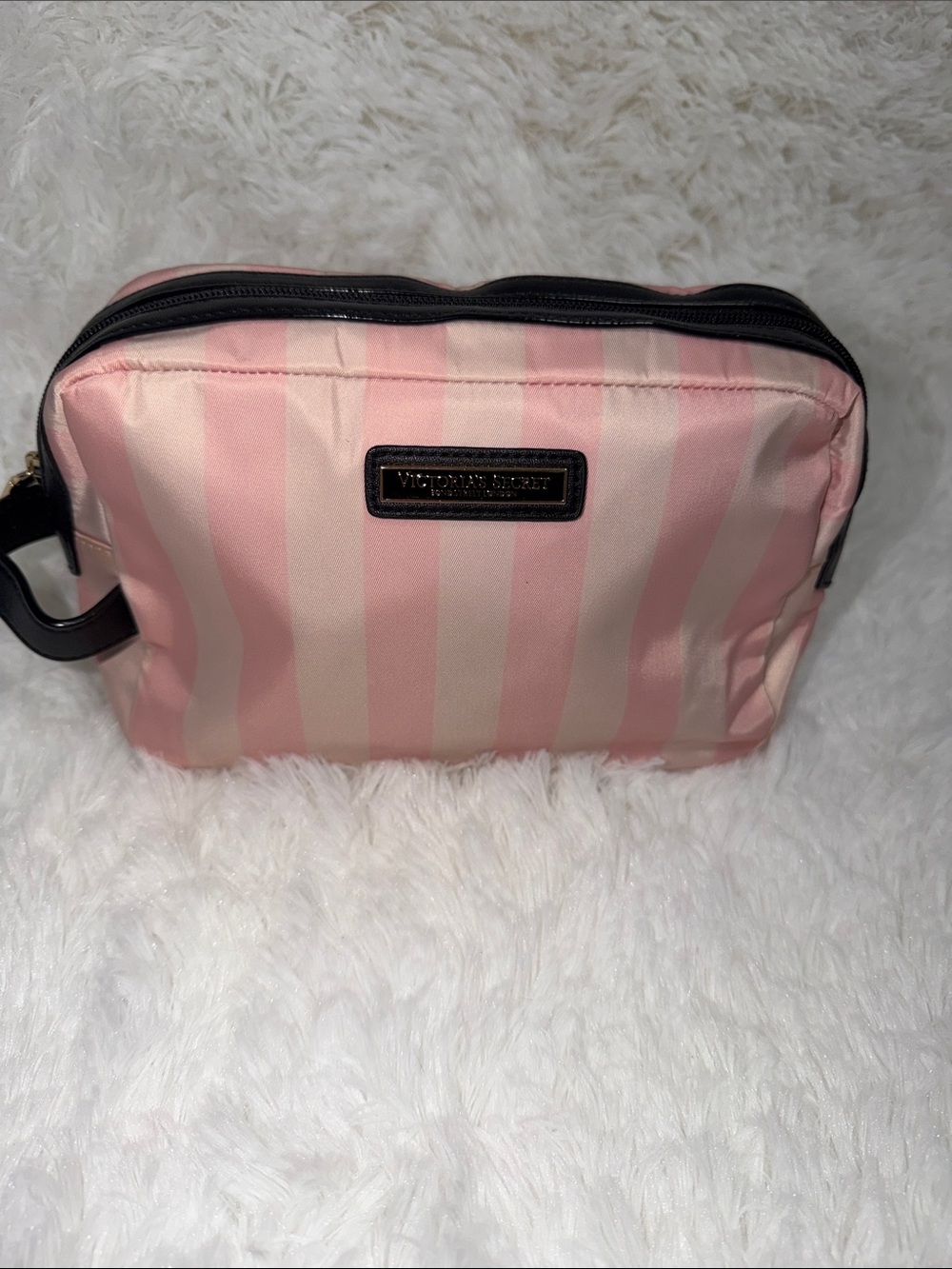 Victoria's Secret Pink & Cream Striped Makeup Case with Black Trim